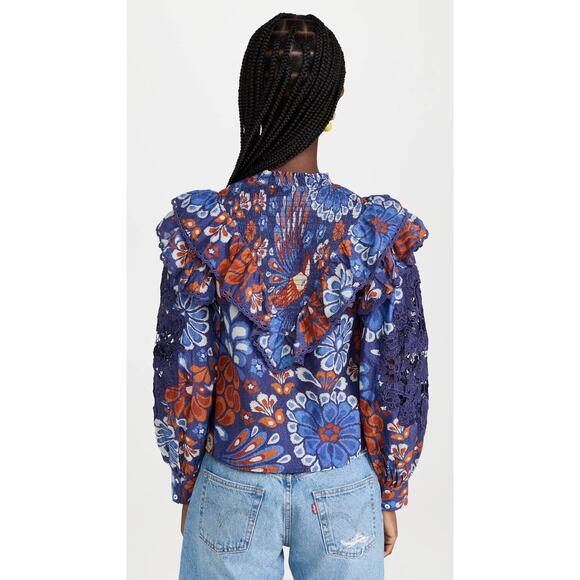 Farm Rio Pineapple Flowers Navy Ruffled Blouse Size XS - Picture 2 of 16